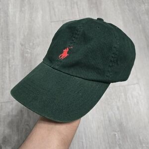 Vintage 90s Polo Ralph Lauren Green CapAdjustable Leather Strap Red Pony
